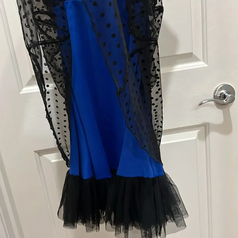 Justice Size 14 Blue with black polka dots girls Party Dress sheer lined Nettin